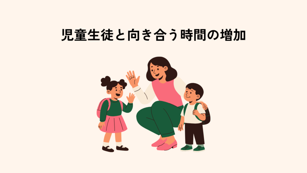 教員と児童生徒が笑顔で向き合うイラスト｜教員の児童生徒との関わり時間増加
