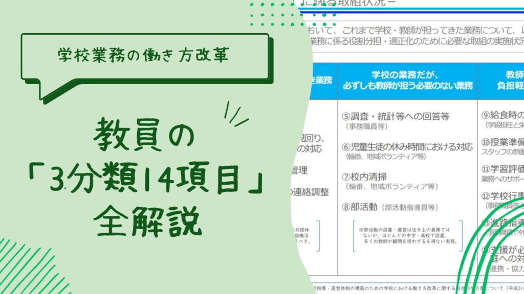 【学校業務の働き方改革】教員の「3分類14項目」全解説｜教員以外の業務で負担を減らす方策のアイキャッチ画像